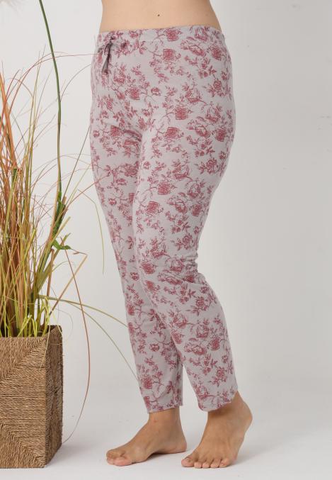 Pantaloni de Pijama Dama Lungi,Big Size,Culoare Crem cu Rosu, Engros